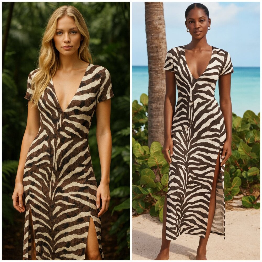 LNA Clothing Safari Maxi Dress Zebra Print Front Slits Ribbed Stretchy size XL